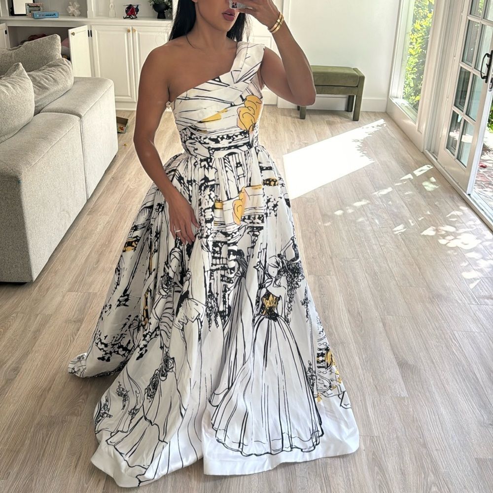 Mac Duggal White One-Shoulder Maxi Gown with Black Sketch & Yellow Accents